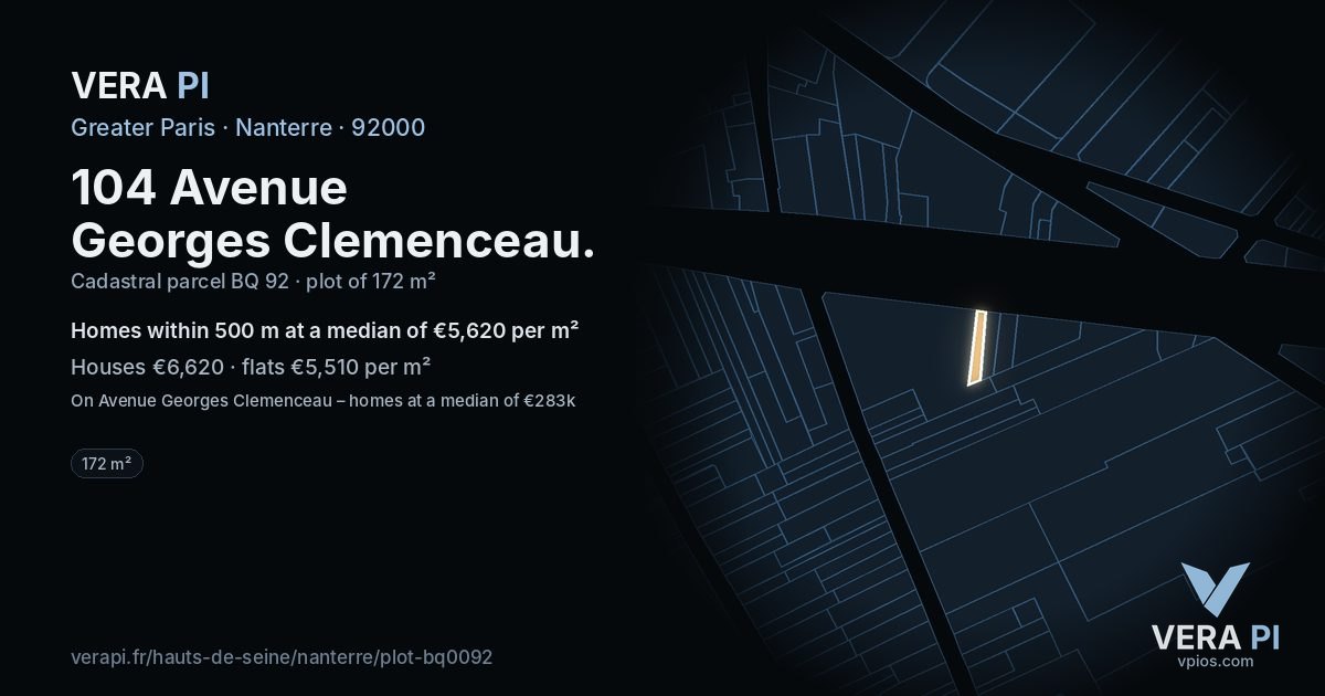 104 Avenue Georges Clemenceau, Nanterre at night – the plot lit, the parcels around coloured by the prices near them