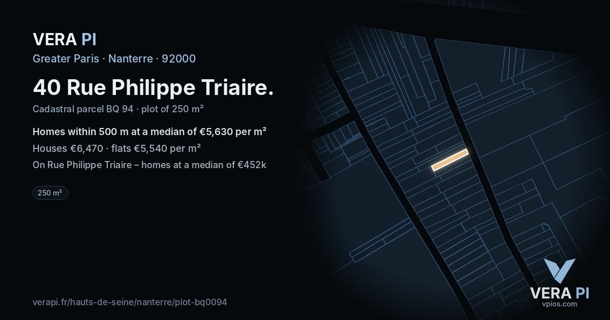 40 Rue Philippe Triaire, Nanterre at night – the plot lit, the parcels around coloured by the prices near them
