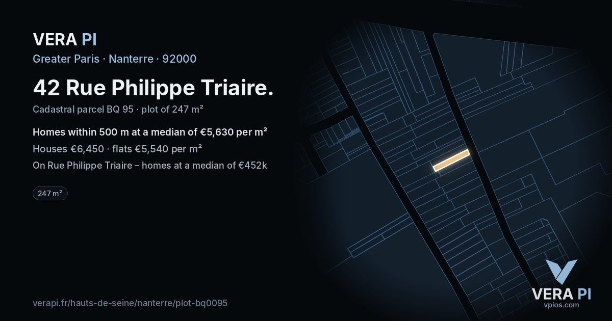 42 Rue Philippe Triaire, Nanterre at night – the plot lit, the parcels around coloured by the prices near them