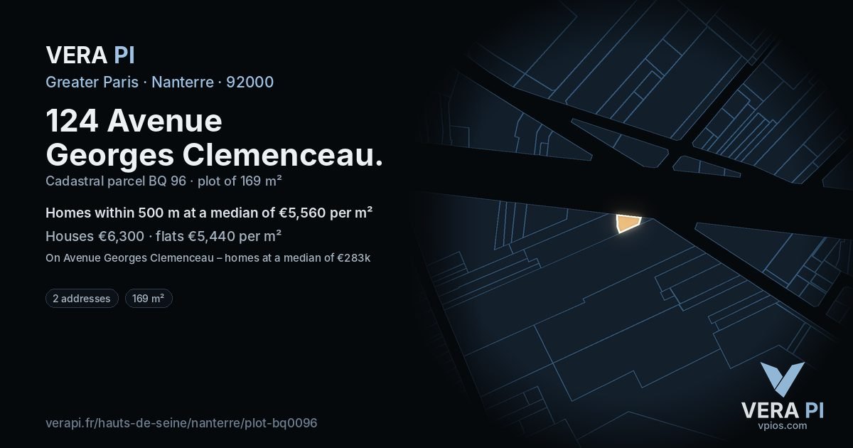 124 Avenue Georges Clemenceau, Nanterre at night – the plot lit, the parcels around coloured by the prices near them