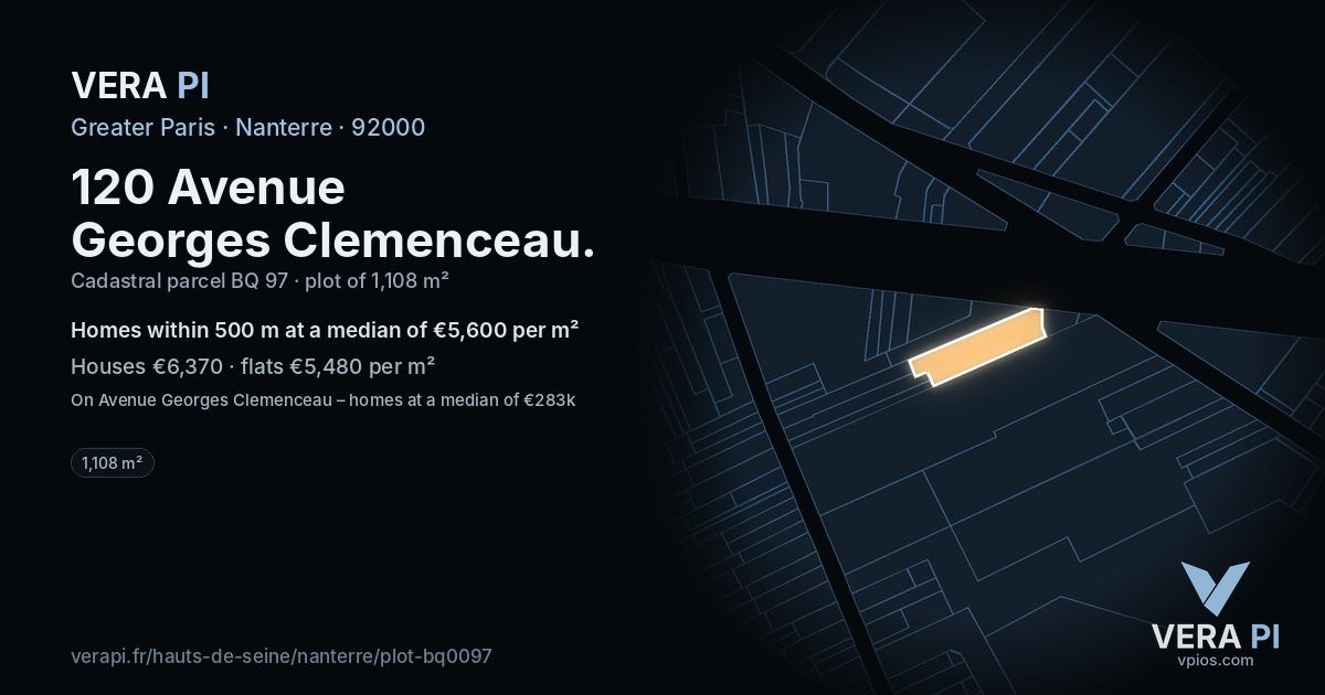 120 Avenue Georges Clemenceau, Nanterre at night – the plot lit, the parcels around coloured by the prices near them