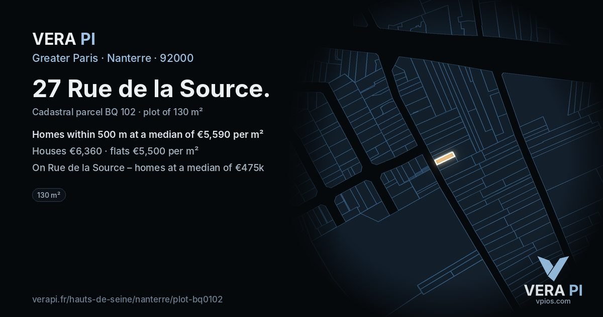 27 Rue de la Source, Nanterre at night – the plot lit, the parcels around coloured by the prices near them