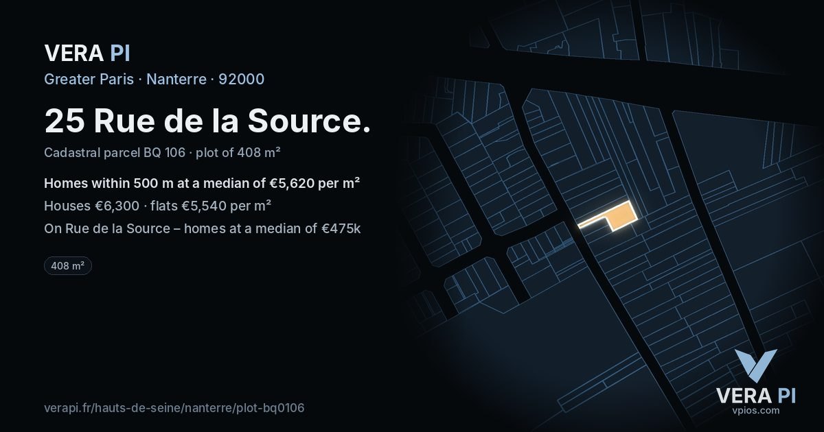 25 Rue de la Source, Nanterre at night – the plot lit, the parcels around coloured by the prices near them
