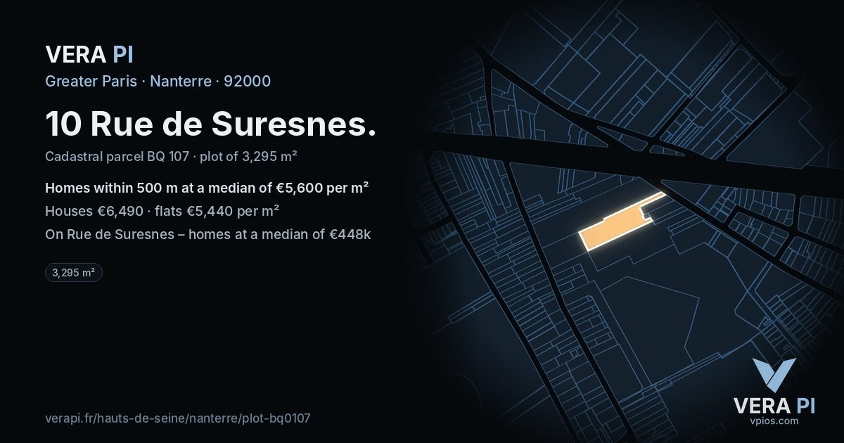 10 Rue de Suresnes, Nanterre at night – the plot lit, the parcels around coloured by the prices near them