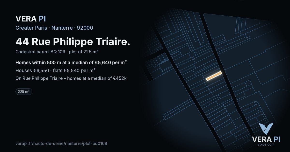 44 Rue Philippe Triaire, Nanterre at night – the plot lit, the parcels around coloured by the prices near them