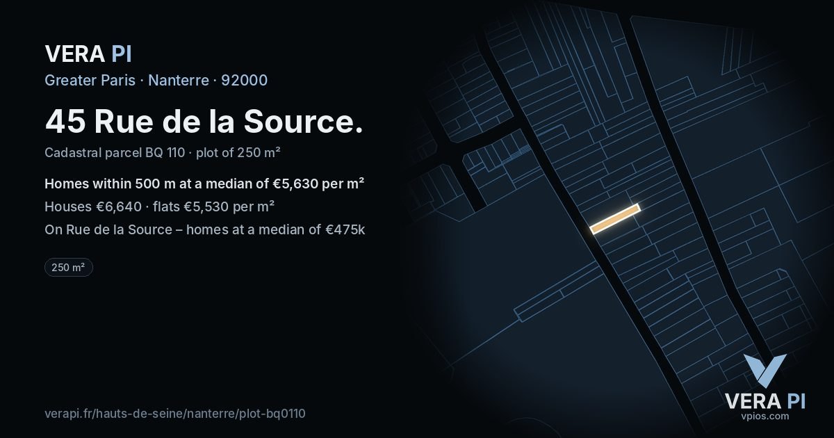 45 Rue de la Source, Nanterre at night – the plot lit, the parcels around coloured by the prices near them