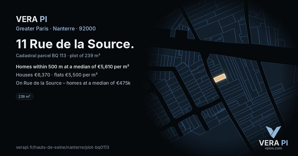 11 Rue de la Source, Nanterre at night – the plot lit, the parcels around coloured by the prices near them