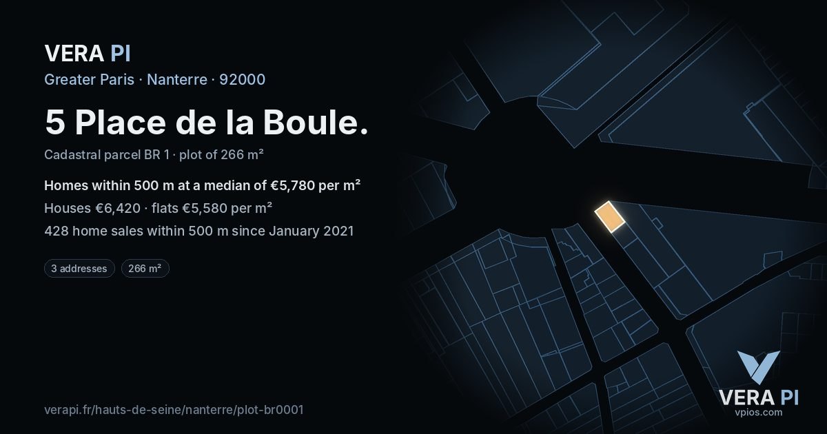 5 Place de la Boule, Nanterre at night – the plot lit, the parcels around coloured by the prices near them