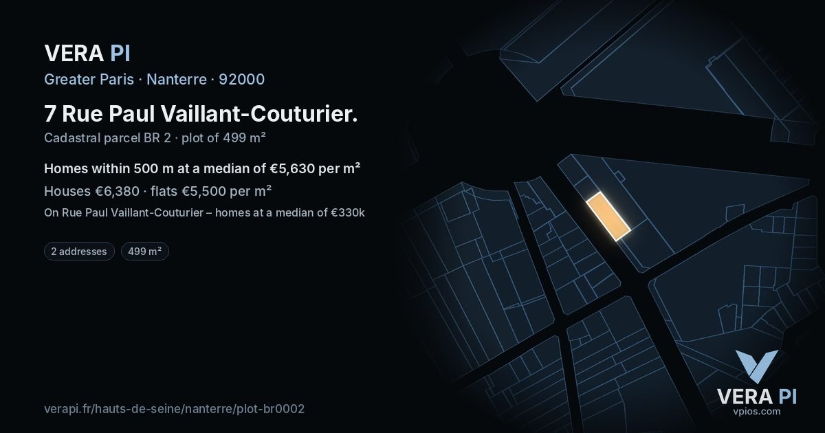 7 Rue Paul Vaillant-Couturier, Nanterre at night – the plot lit, the parcels around coloured by the prices near them