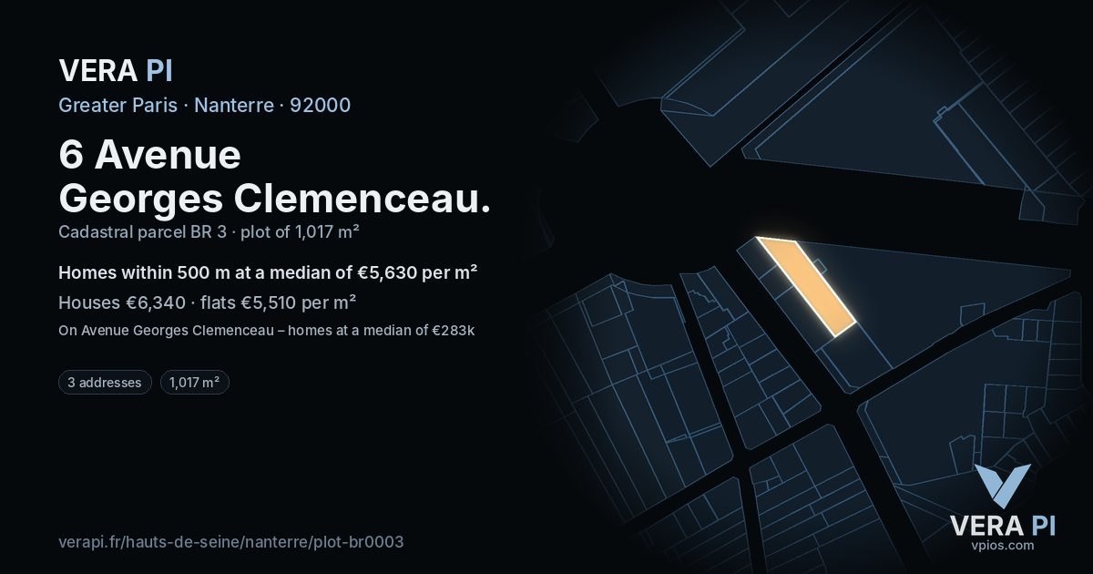 6 Avenue Georges Clemenceau, Nanterre at night – the plot lit, the parcels around coloured by the prices near them