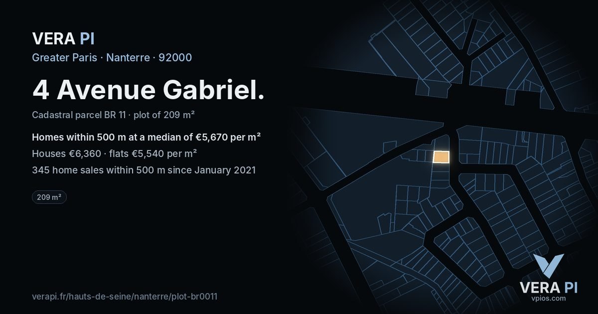 4 Avenue Gabriel, Nanterre at night – the plot lit, the parcels around coloured by the prices near them