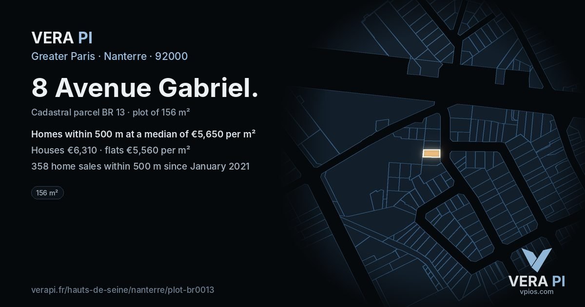 8 Avenue Gabriel, Nanterre at night – the plot lit, the parcels around coloured by the prices near them