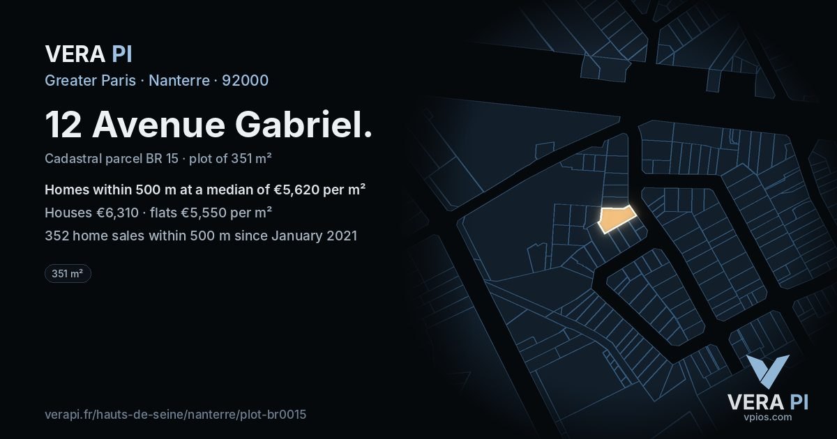 12 Avenue Gabriel, Nanterre at night – the plot lit, the parcels around coloured by the prices near them