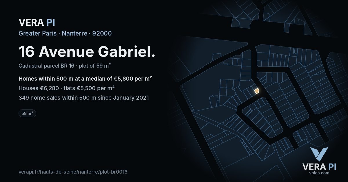 16 Avenue Gabriel, Nanterre at night – the plot lit, the parcels around coloured by the prices near them