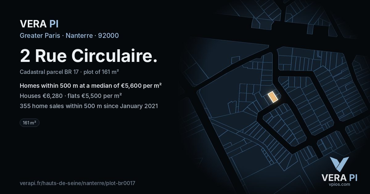2 Rue Circulaire, Nanterre at night – the plot lit, the parcels around coloured by the prices near them