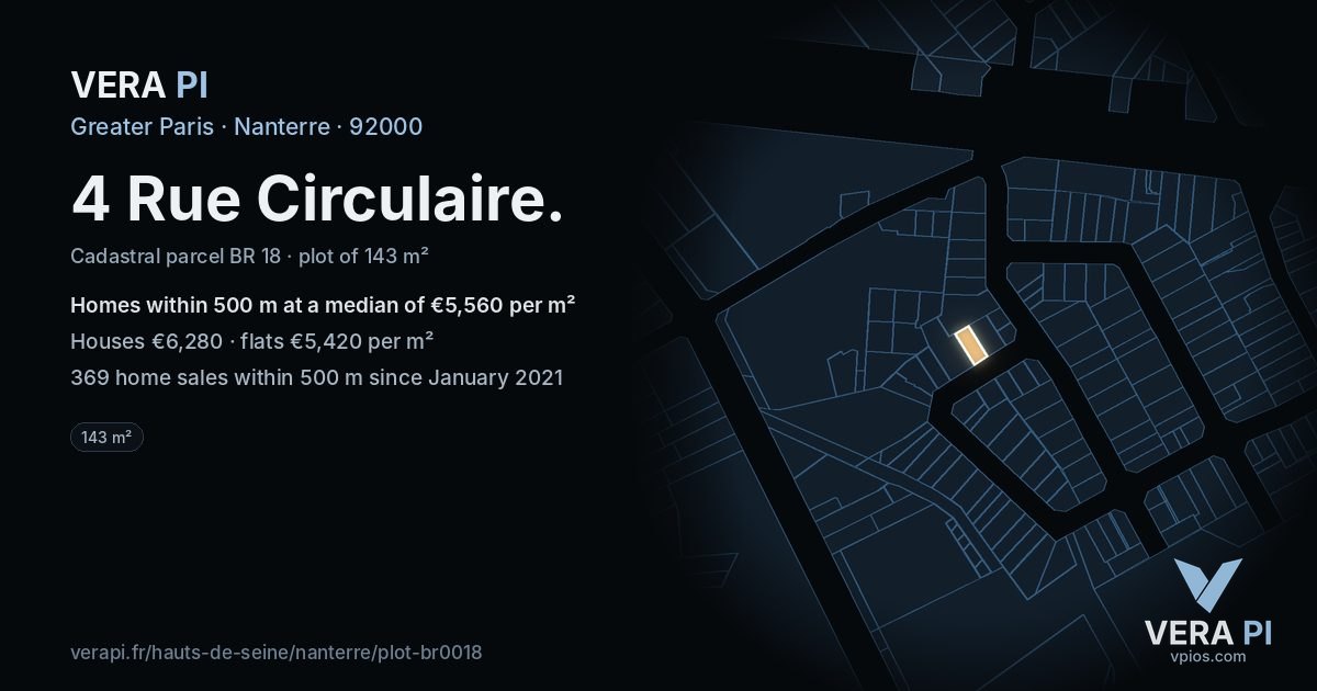 4 Rue Circulaire, Nanterre at night – the plot lit, the parcels around coloured by the prices near them