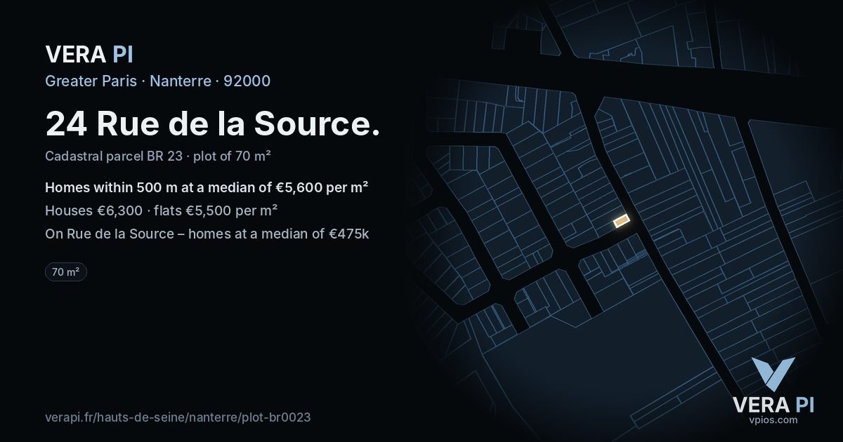 24 Rue de la Source, Nanterre at night – the plot lit, the parcels around coloured by the prices near them