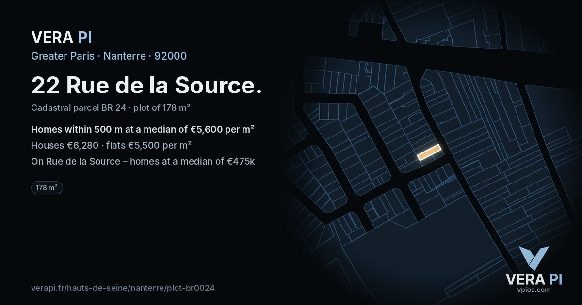 22 Rue de la Source, Nanterre at night – the plot lit, the parcels around coloured by the prices near them