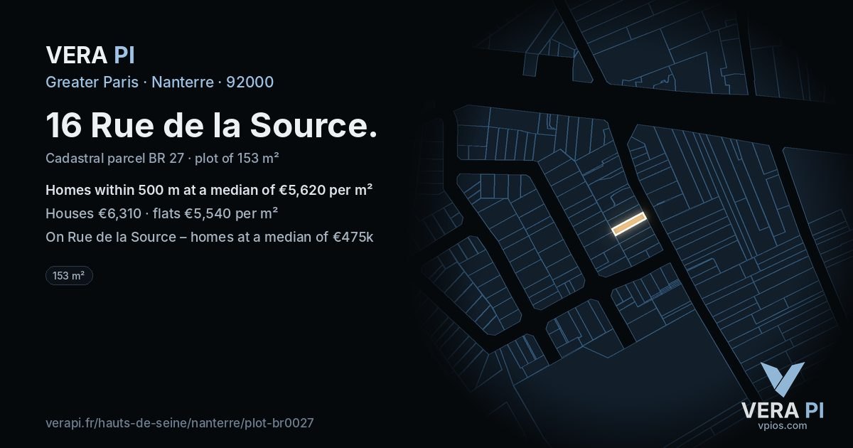 16 Rue de la Source, Nanterre at night – the plot lit, the parcels around coloured by the prices near them