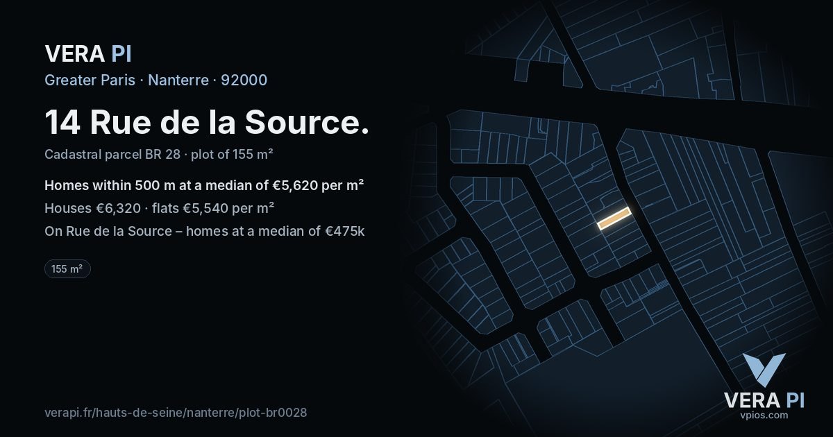 14 Rue de la Source, Nanterre at night – the plot lit, the parcels around coloured by the prices near them