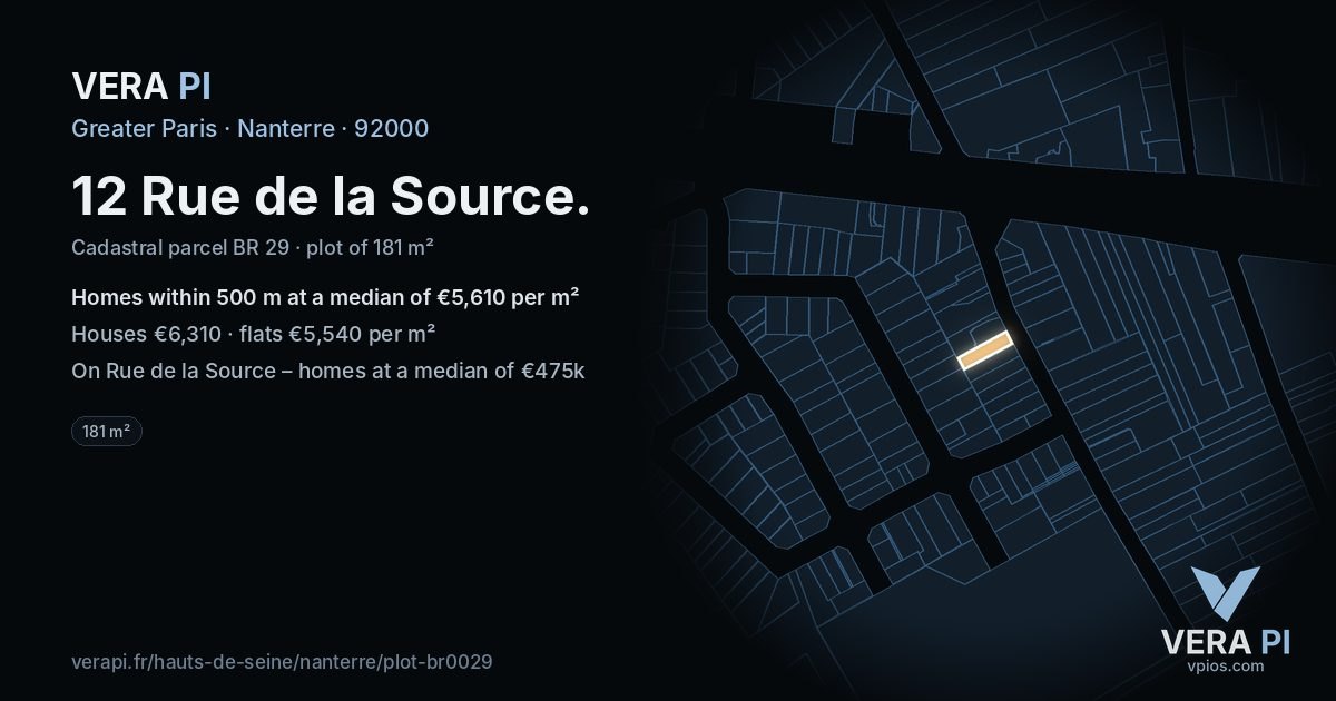12 Rue de la Source, Nanterre at night – the plot lit, the parcels around coloured by the prices near them