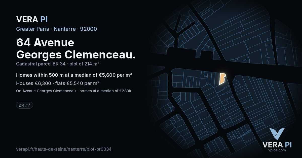 64 Avenue Georges Clemenceau, Nanterre at night – the plot lit, the parcels around coloured by the prices near them