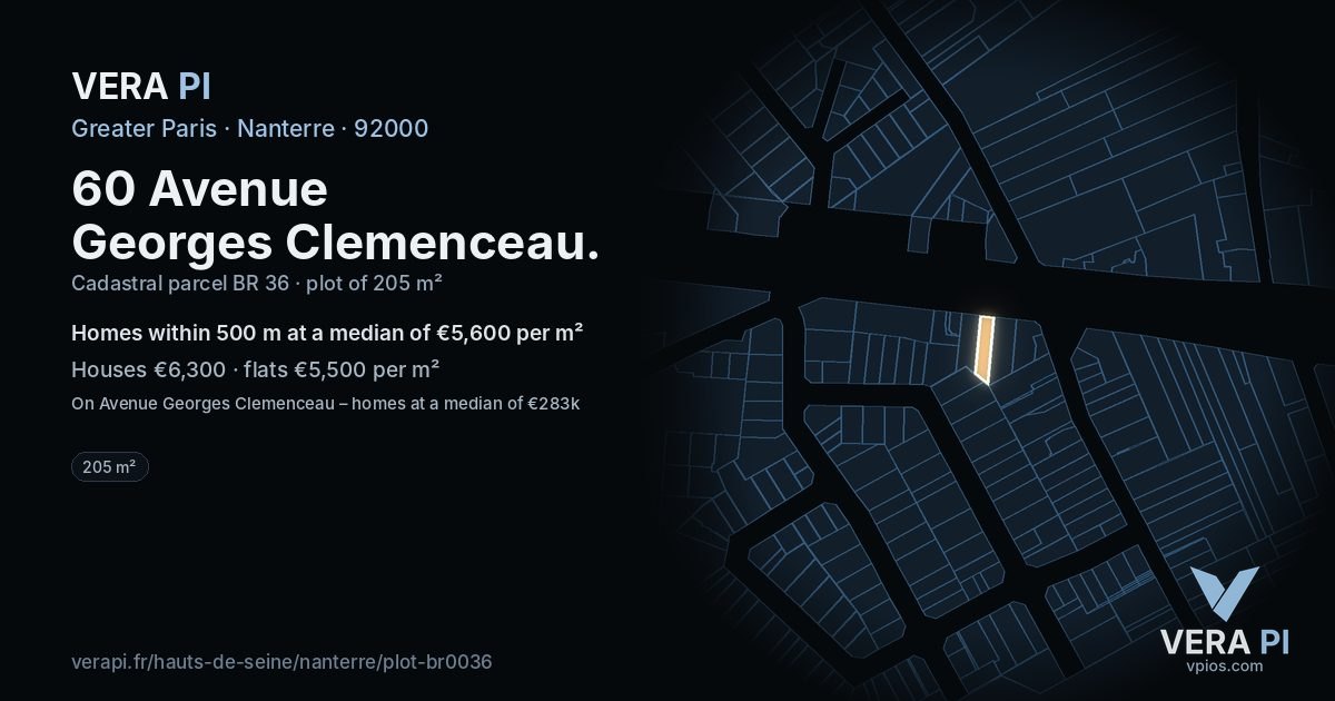60 Avenue Georges Clemenceau, Nanterre at night – the plot lit, the parcels around coloured by the prices near them