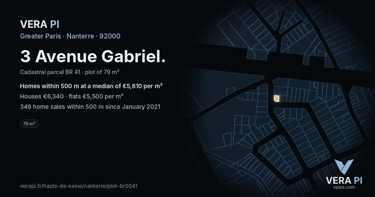 3 Avenue Gabriel, Nanterre at night – the plot lit, the parcels around coloured by the prices near them