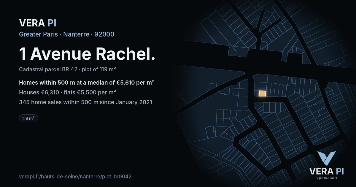 1 Avenue Rachel, Nanterre at night – the plot lit, the parcels around coloured by the prices near them