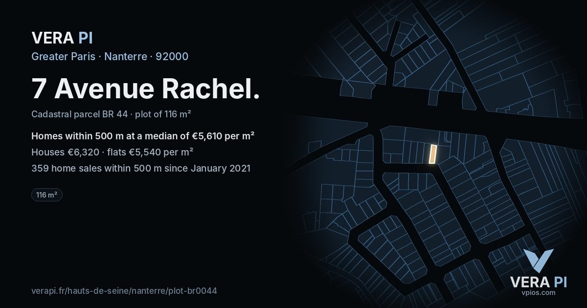 7 Avenue Rachel, Nanterre at night – the plot lit, the parcels around coloured by the prices near them
