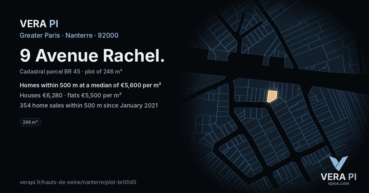 9 Avenue Rachel, Nanterre at night – the plot lit, the parcels around coloured by the prices near them
