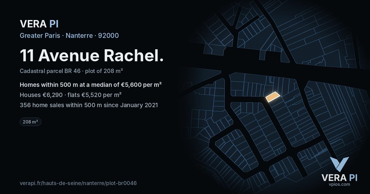 11 Avenue Rachel, Nanterre at night – the plot lit, the parcels around coloured by the prices near them