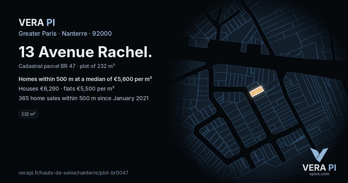 13 Avenue Rachel, Nanterre at night – the plot lit, the parcels around coloured by the prices near them
