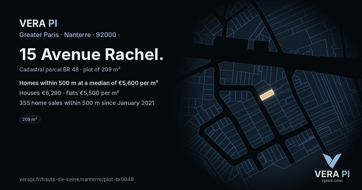 15 Avenue Rachel, Nanterre at night – the plot lit, the parcels around coloured by the prices near them
