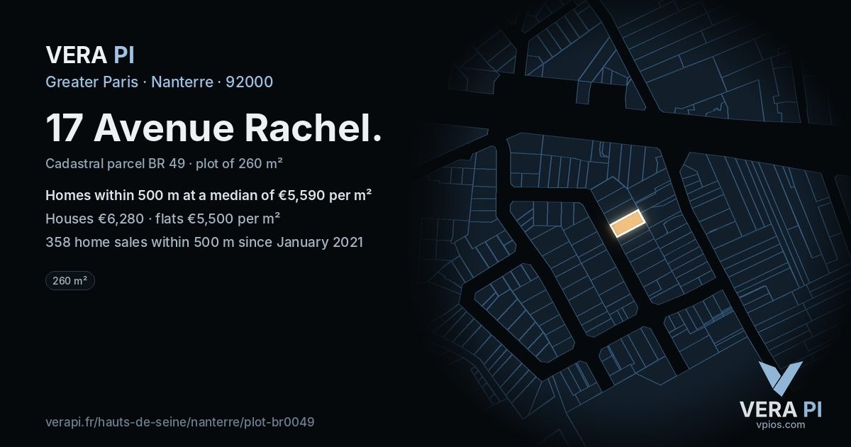 17 Avenue Rachel, Nanterre at night – the plot lit, the parcels around coloured by the prices near them