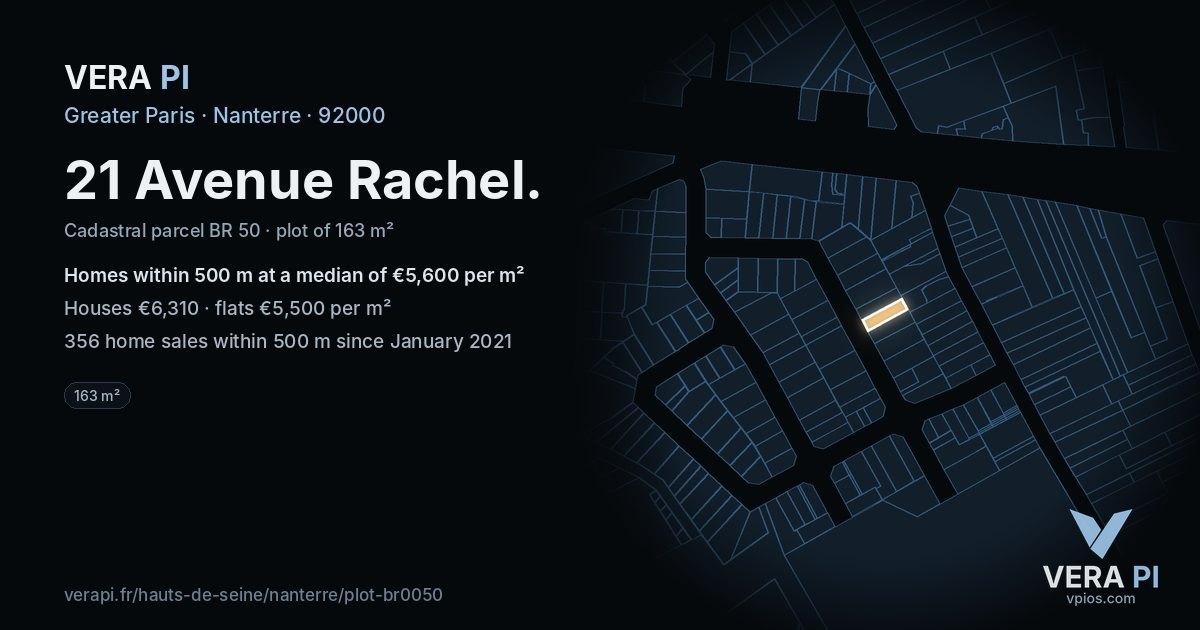 21 Avenue Rachel, Nanterre at night – the plot lit, the parcels around coloured by the prices near them