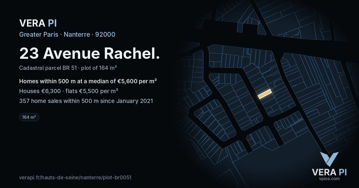 23 Avenue Rachel, Nanterre at night – the plot lit, the parcels around coloured by the prices near them