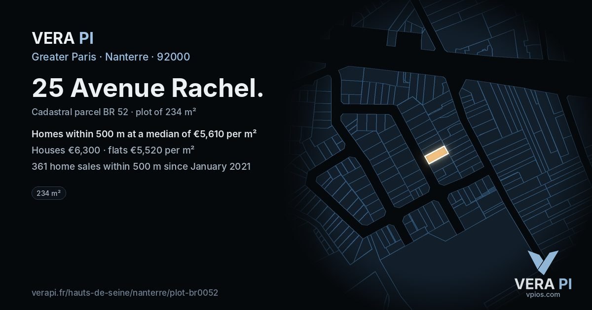 25 Avenue Rachel, Nanterre at night – the plot lit, the parcels around coloured by the prices near them