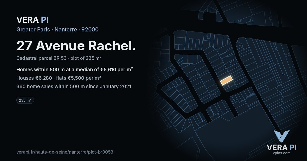 27 Avenue Rachel, Nanterre at night – the plot lit, the parcels around coloured by the prices near them