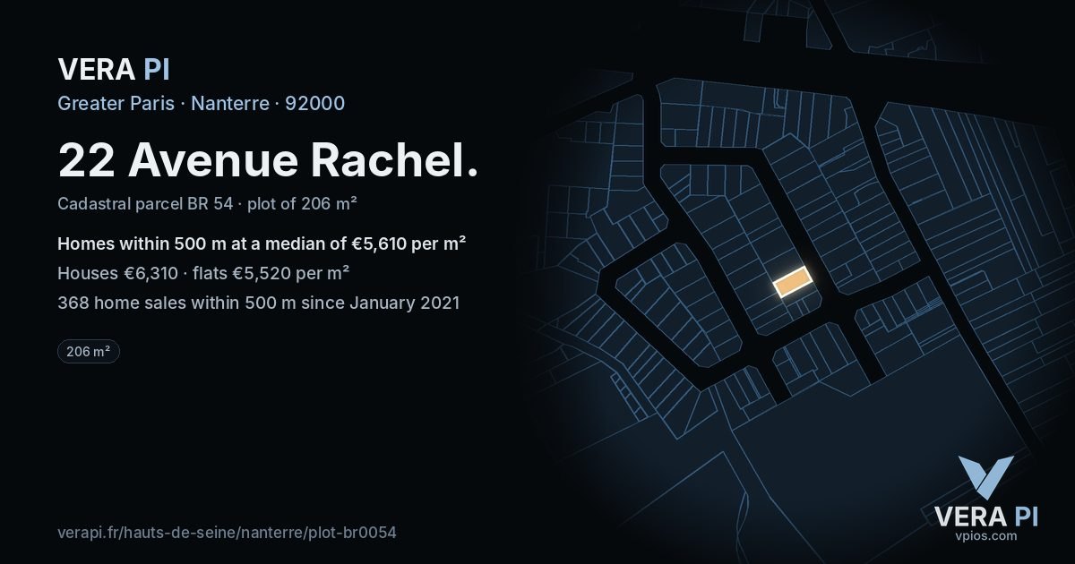22 Avenue Rachel, Nanterre at night – the plot lit, the parcels around coloured by the prices near them