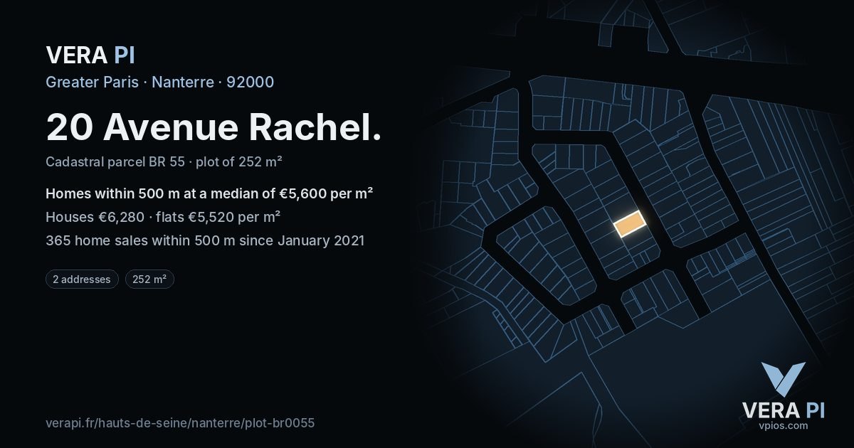20 Avenue Rachel, Nanterre at night – the plot lit, the parcels around coloured by the prices near them