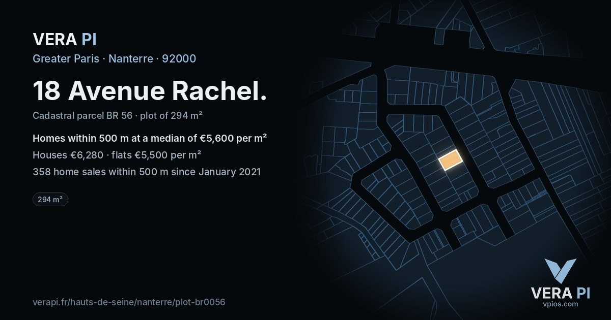 18 Avenue Rachel, Nanterre at night – the plot lit, the parcels around coloured by the prices near them