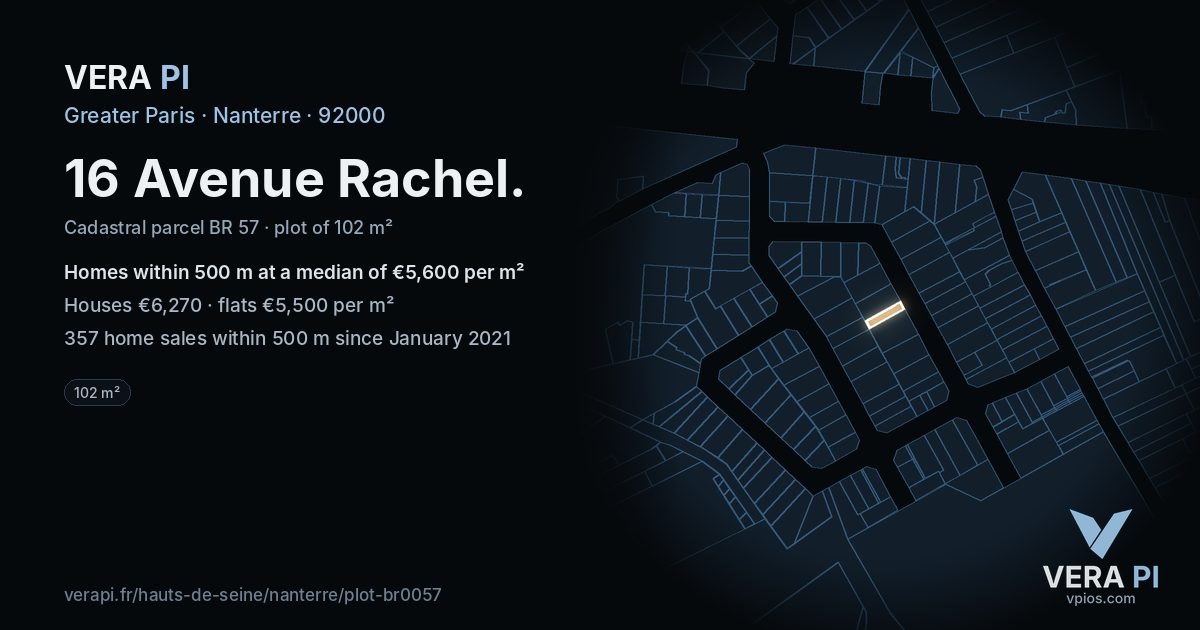 16 Avenue Rachel, Nanterre at night – the plot lit, the parcels around coloured by the prices near them