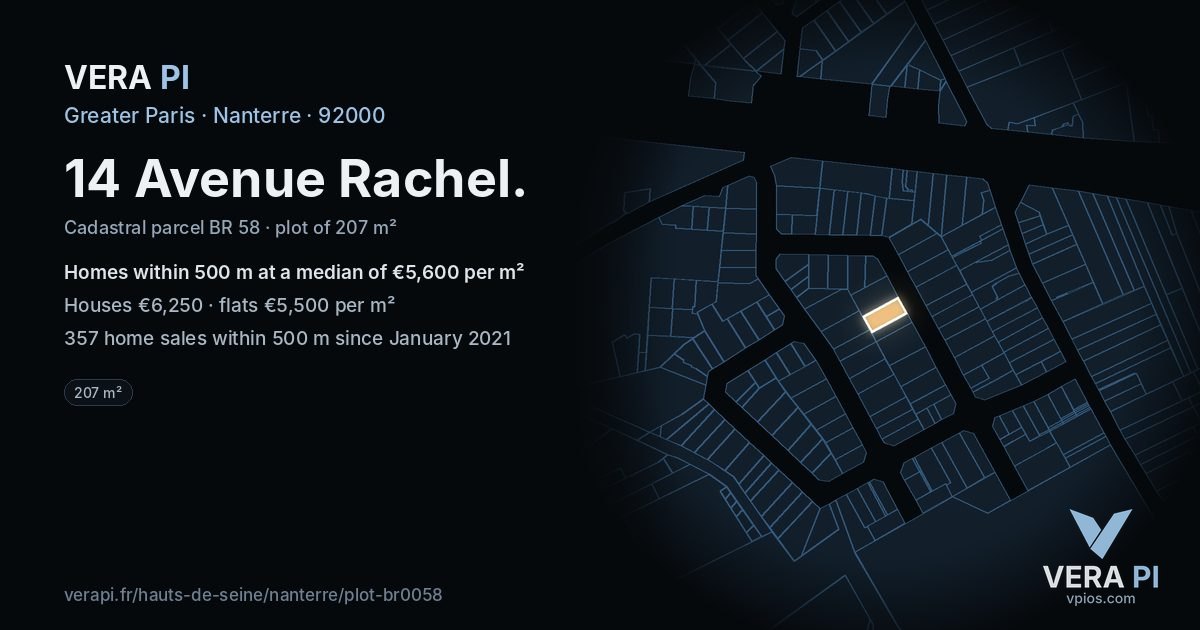 14 Avenue Rachel, Nanterre at night – the plot lit, the parcels around coloured by the prices near them