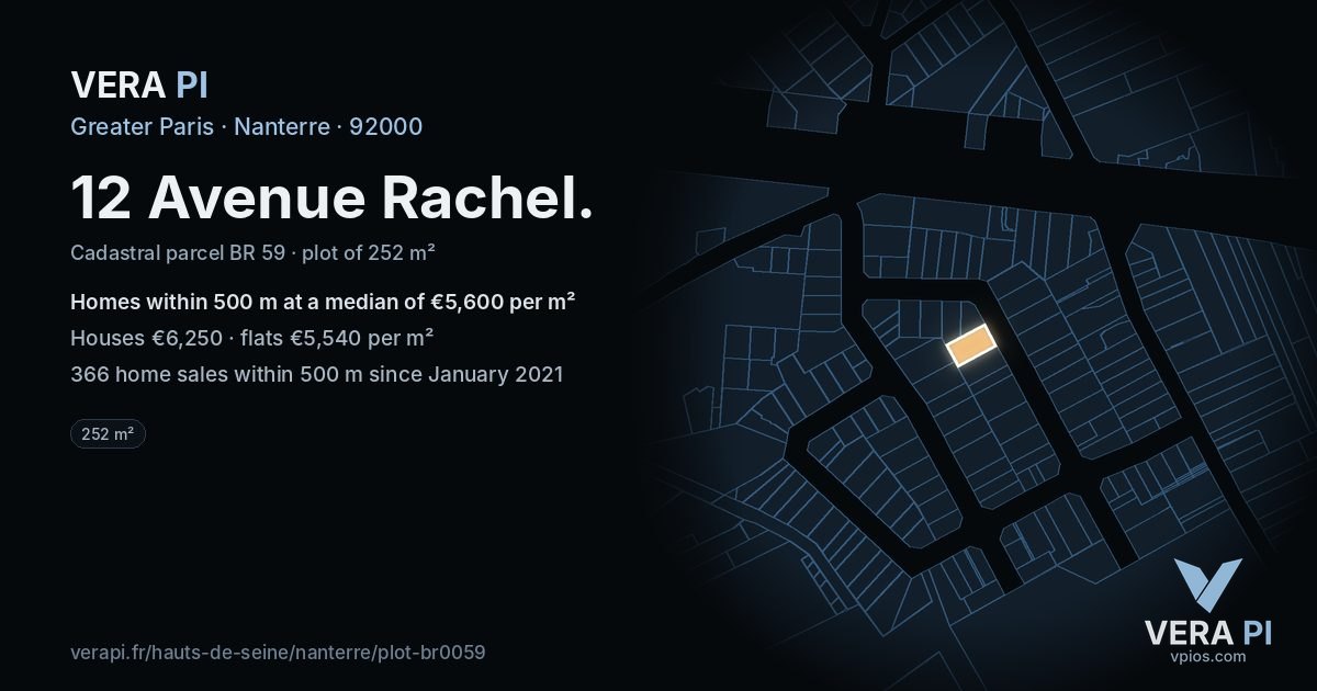 12 Avenue Rachel, Nanterre at night – the plot lit, the parcels around coloured by the prices near them