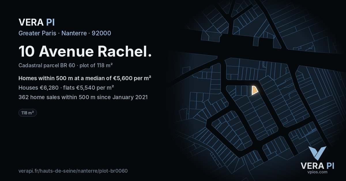 10 Avenue Rachel, Nanterre at night – the plot lit, the parcels around coloured by the prices near them
