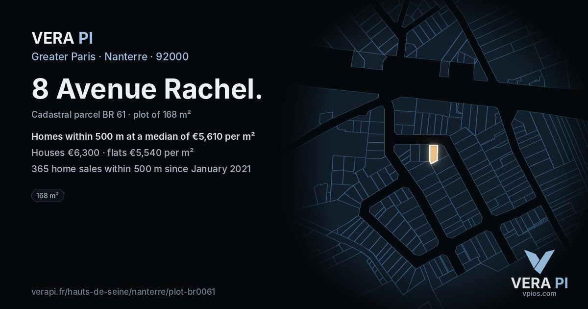 8 Avenue Rachel, Nanterre at night – the plot lit, the parcels around coloured by the prices near them