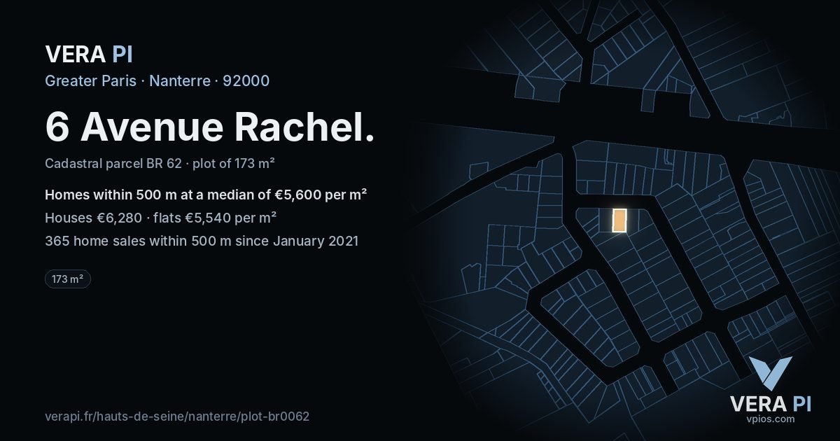 6 Avenue Rachel, Nanterre at night – the plot lit, the parcels around coloured by the prices near them