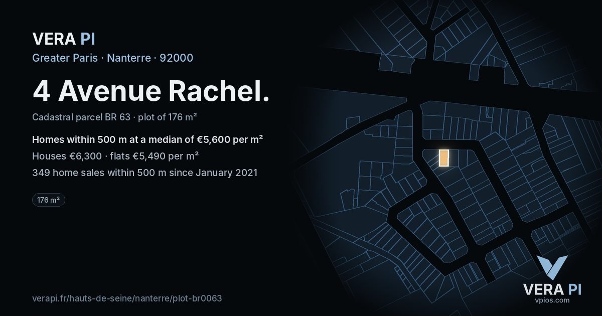 4 Avenue Rachel, Nanterre at night – the plot lit, the parcels around coloured by the prices near them