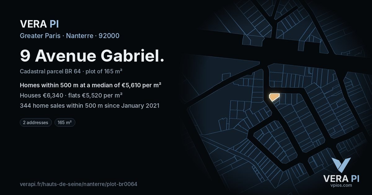9 Avenue Gabriel, Nanterre at night – the plot lit, the parcels around coloured by the prices near them